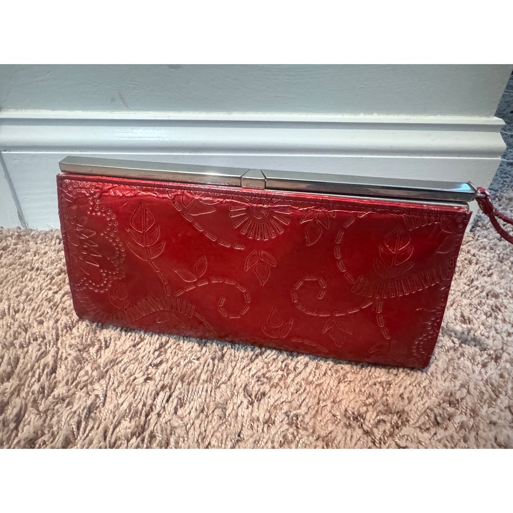 Vintage Red‎ Embossed Faux Leather Pull Tab Kiss Lock Clutch Evening Bag Floral